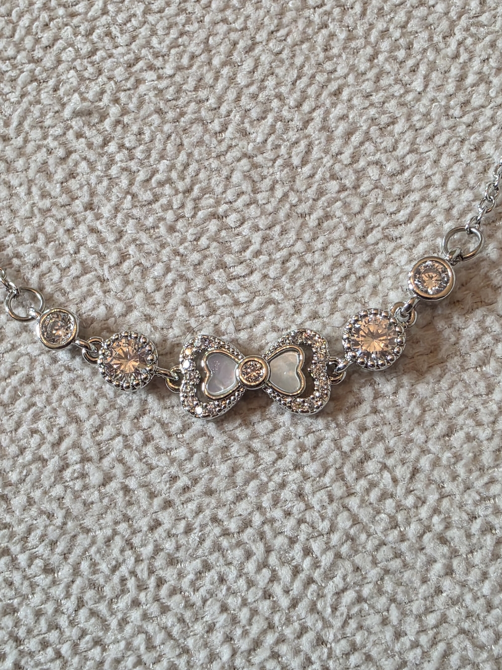 Silver Tone Bow Bracelet White Mother of Pearl Style Crystal Adjustable Bracelet